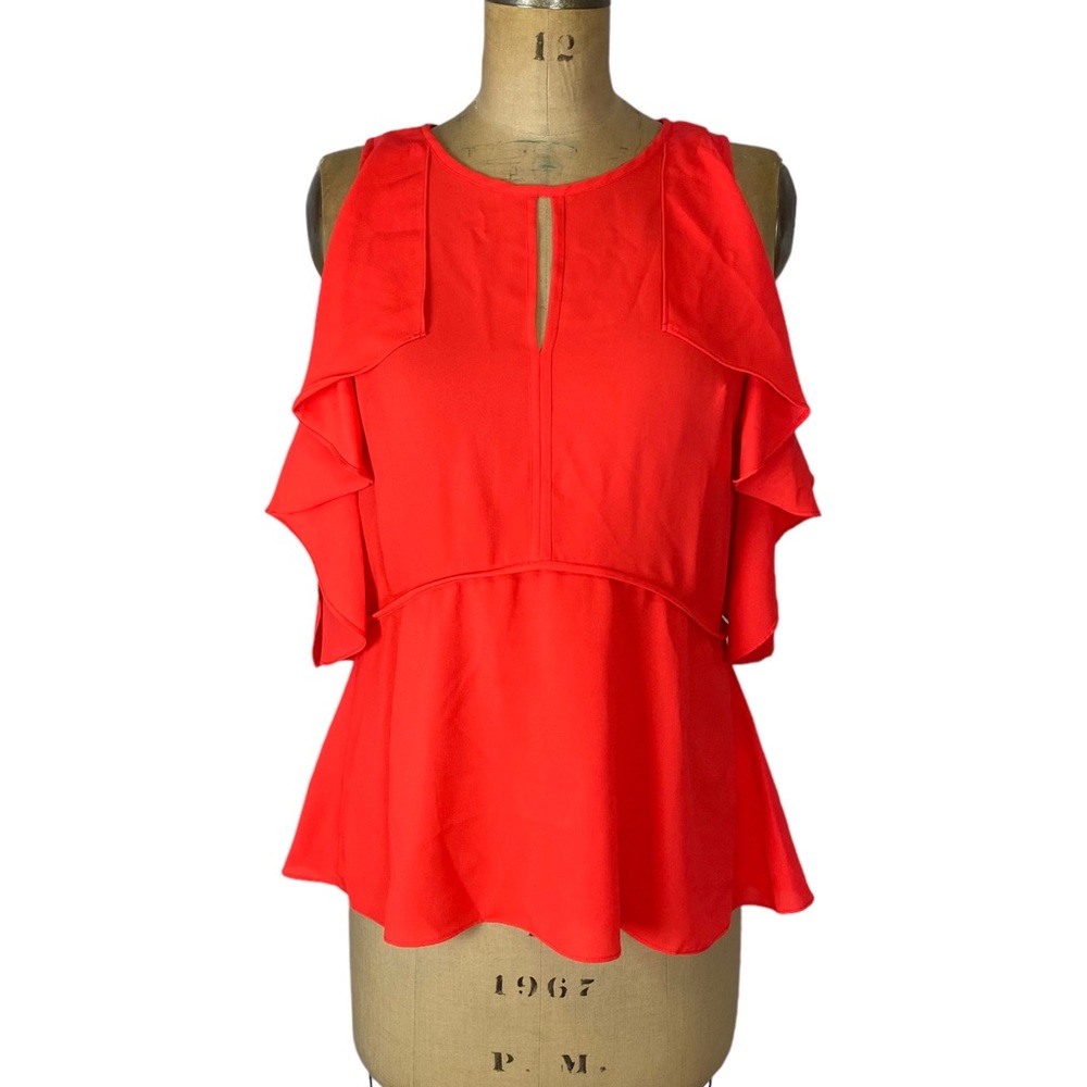 Gibson Latimer Neon Orange Ruffled Cold Shoulder Flowing Blouse Size S